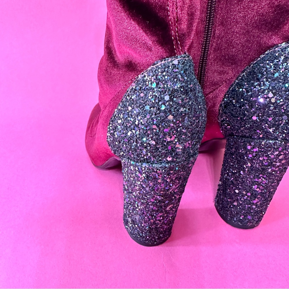 Velvet Block Heel Ankle Boots in Deep Burgundy - Picture 7 of 7